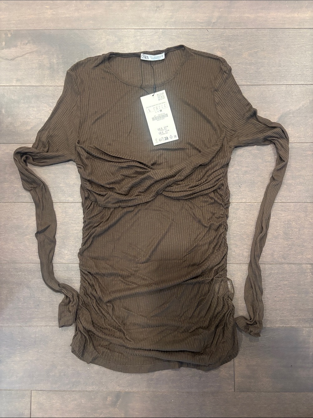 Zara Chocolate Brown Ruched Long Sleeve Ribbed Top